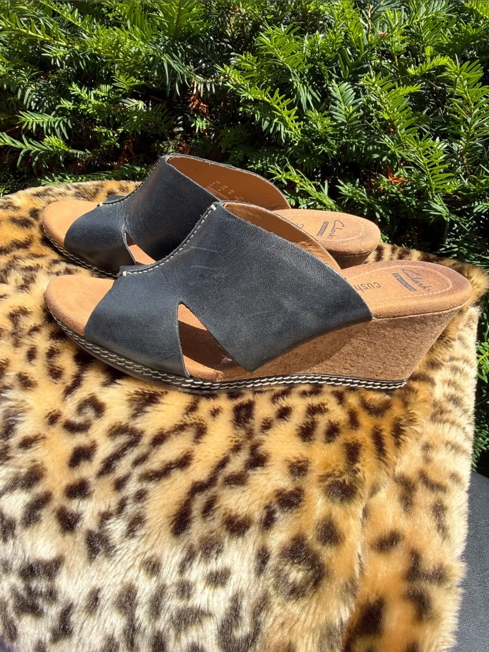 Clarks Black Cork Wedge Slide Sandals 7.5